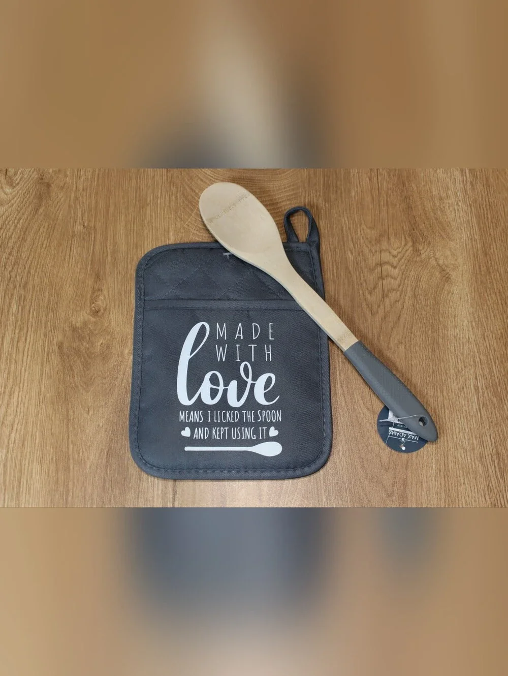 Handmade Gray Kitchen Potholder With Wooden Spoon